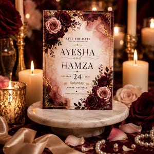 May include: A rectangular wedding save the date card featuring burgundy and blush floral illustrations, gold accents, and the text: SAVE THE DATE FOR THE WEDDING OF AYESHA and HAMZA OCTOBER 24 2026 Saturday LAHORE, PAKISTAN FORMAL INVITATION TO FOLLOW.