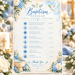 Può includere: Un cartello rettangolare per il programma del battesimo con accenti floreali blu e bianchi, una croce dorata e una colomba bianca. Il testo include Baptism Program, A New Life, A Sacred Journey, God's Love Forever e un programma dalle 10:00 alle 12:00.