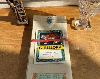 Conjunto de panos higiênicos de linho italiano vintage G BELLORA 5 Deadstock Pannolini Lino Fiandra Extra Pantera Label 1940s Novo estoque antigo