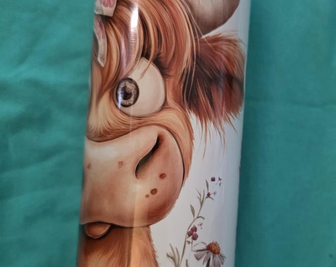 Highland Cow Tumbler with Floral Bow – Sublimation Metal Drinkware