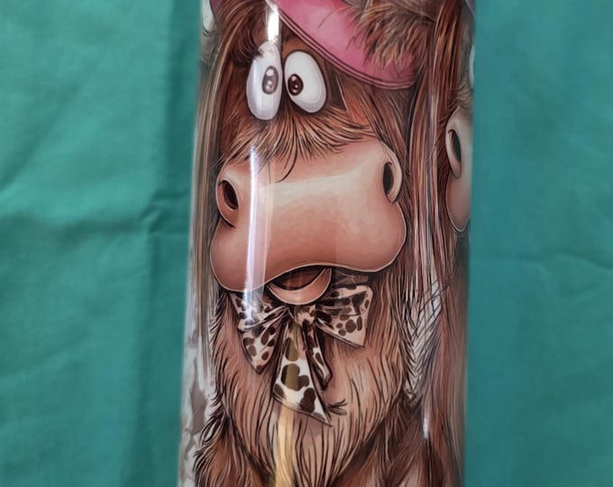 Cowgirl highland cow metal drink tumbler