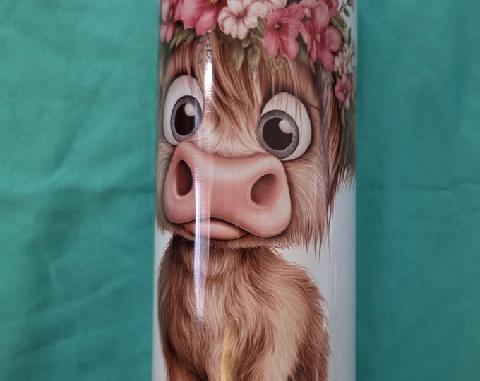 Highland Cow Tumbler with Floral Crown – Sublimation Metal Drinkware
