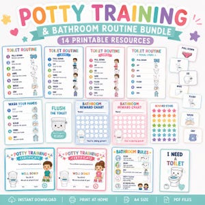 May include: A potty training and bathroom routine bundle featuring 14 printable resources including toilet routine charts, reward charts, visual steps, certificates, and bathroom rules with colorful illustrations and text for children.