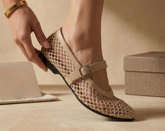 ZÉPHYRA - Mary Jane openwork mesh ballerina flat, elegant women's flat shoe, minimalist Parisian style, breathable summer shoes for women