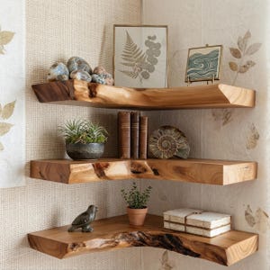 May include: Three tiered corner shelves made of natural light brown wood with live edges. The shelves hold various decorative items including smooth stones, a framed fern print, a small potted plant, three books, an ammonite fossil, a bird figurine, and a stack of paper.
