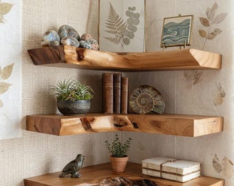 Live Edge Floating Corner Shelf, Natural Wood Corner Shelf, Rustic Wall Shelf, Bathroom Corner Storage, Handmade Farmhouse Decor, Wood Shelf