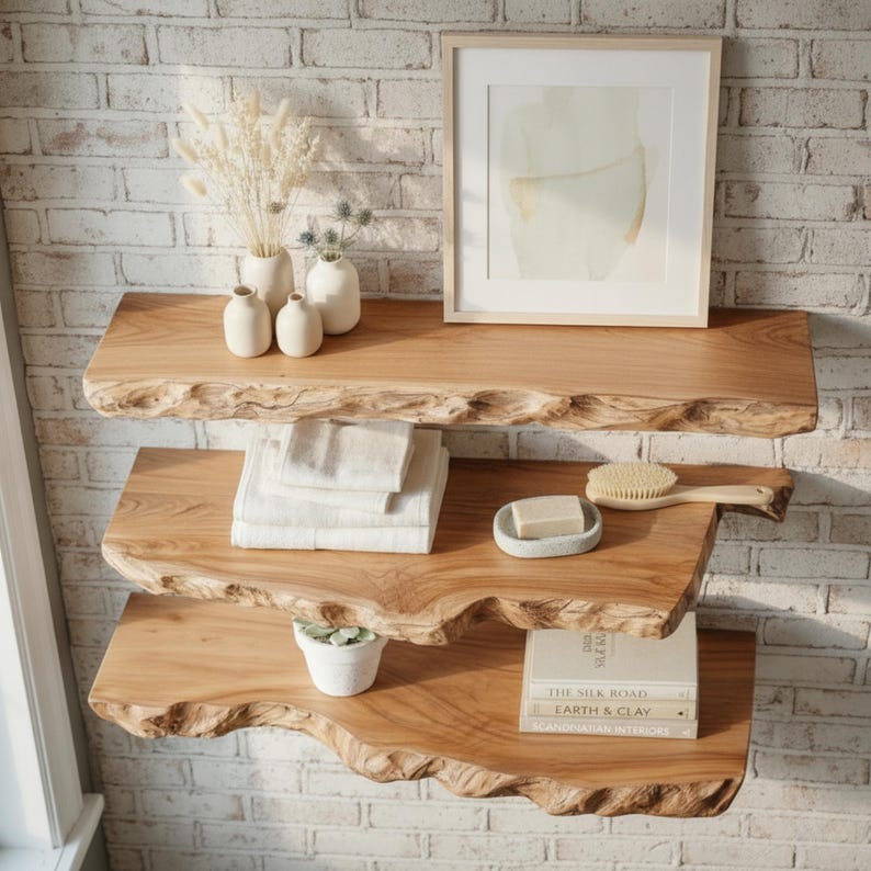 Live Edge Floating Shelf, Natural Wood Wall Shelf, Rustic Floating Shelf, Handmade Bathroom Shelf, Farmhouse Home Decor, Solid Wood Storage image 5