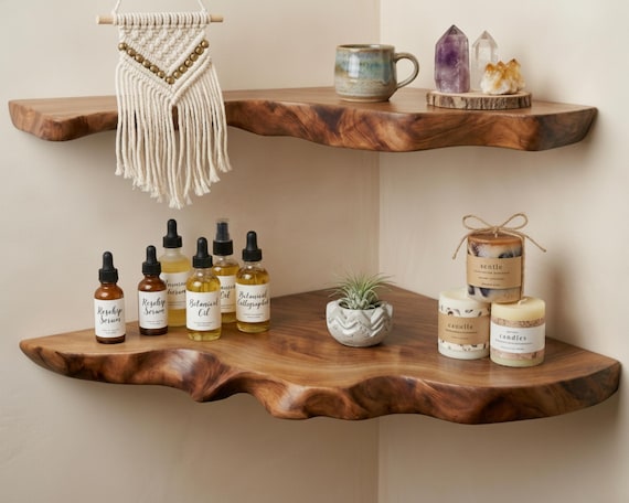 A floating live-edge corner shelf solves the dead-corner problem beautifully — a niche form factor that's genuinely hard to find handmade.
