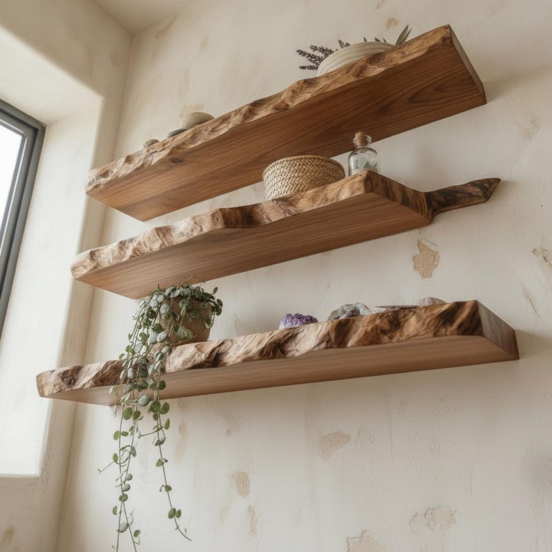 May include: Three horizontal wall-mounted shelves made of natural light brown wood with irregular, live-edge front profiles. The shelves hold various small decorative items, including a woven basket, a glass bottle, and a trailing green plant.