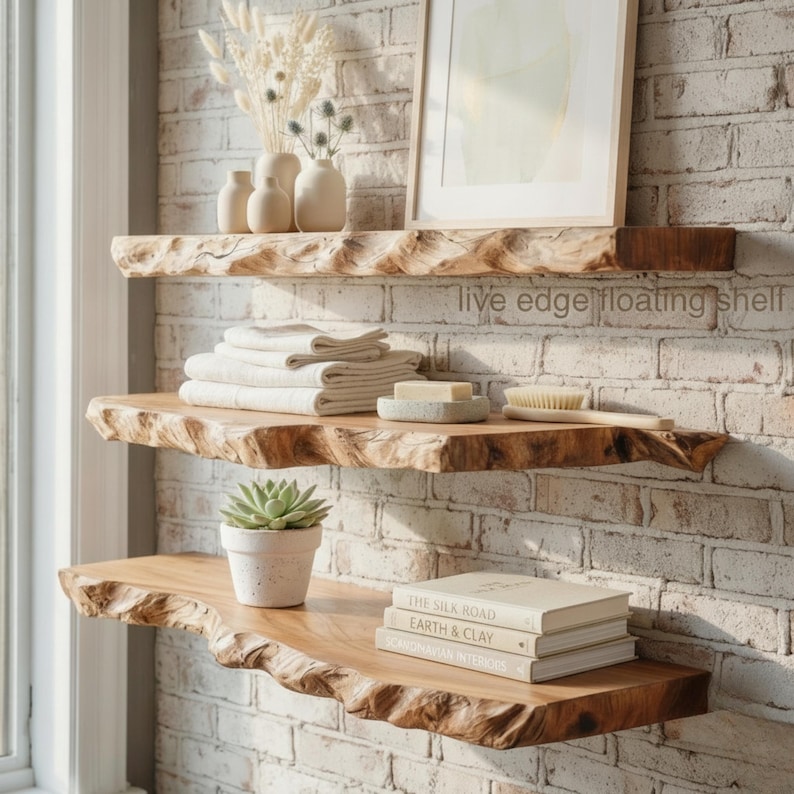 Live Edge Floating Shelf, Natural Wood Wall Shelf, Rustic Floating Shelf, Handmade Bathroom Shelf, Farmhouse Home Decor, Solid Wood Storage image 2