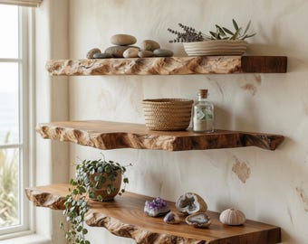 Mensola galleggiante con bordo naturale, mensola da parete in legno naturale, mensola galleggiante rustica, mensola da bagno fatta a mano, arredamento per la casa in stile rustico, contenitore in legno massello
