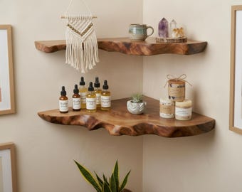 Live Edge Corner Floating Shelf Set, Natural Wood Wall Corner Shelf, Rustic Book Shelf for Bedroom Living Room