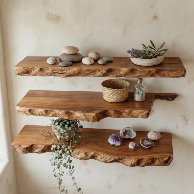 May include: Three horizontal wall-mounted shelves made of natural wood with live edges. The top shelf holds smooth river stones and a bowl of lavender. The middle shelf features a woven basket and a glass bottle. The bottom shelf displays a trailing plant and various crystals.