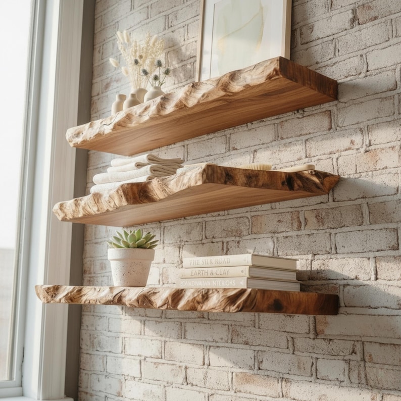 May include: Three horizontal wall-mounted shelves made of natural light brown wood with uneven, live-edge front profiles. The shelves are arranged vertically, holding small white vases with dried flowers, folded white towels, a succulent, and books.