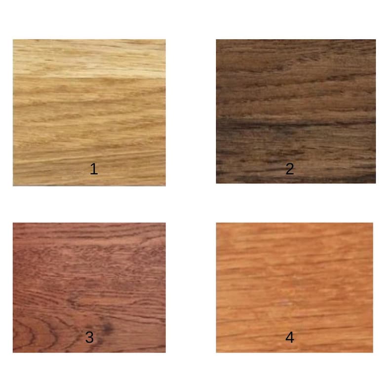 May include: Four rectangular wood grain samples arranged in a grid. Sample 1 is light tan, sample 2 is dark brown, sample 3 is reddish-brown, and sample 4 is medium orange-brown. Each sample is labeled with a black number from one to four.