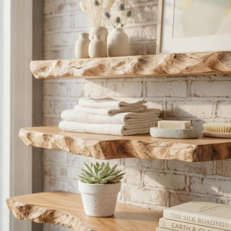 May include: Three natural live-edge wooden shelves mounted on a white brick wall. The top shelf holds three cream-colored ceramic vases. The middle shelf features a stack of folded white towels, a bar of soap in a dish, and a wooden brush. A succulent in a white pot sits on the bottom shelf.