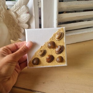 May include: A small, square canvas art piece featuring a corner of sand and several brown seashells. The canvas is white, and the seashells are various sizes and shapes. The artwork is held by a hand.