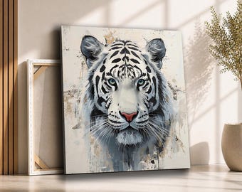 White Tiger Canvas Wall Art | Striking Blue Eyed Tiger Portrait Painting | Bold Wildlife Decor for Living Room