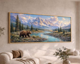 Grizzly Bear in Alpine Valley Canvas Wall Art | Panoramic Mountain River Landscape | Large Wide Long Lodge Decor