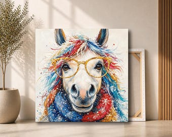 Funny Horse Canvas Wall Art | Colorful Horse with Glasses Painting | Whimsical Animal Decor for Kids Room