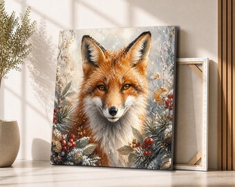 Winter Fox Canvas Wall Art | Red Fox Portrait with Snowy Berries | Woodland Animal Decor for Farmhouse Living Room