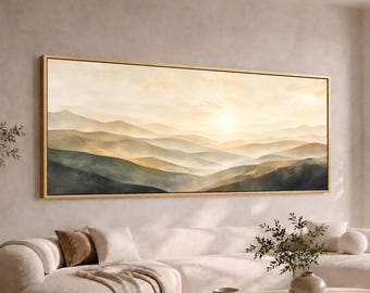 Neutral Misty Hills Wide Panoramic Canvas Wall Art | Soft Mountain Sunrise Painting | Large Long Minimalist Decor