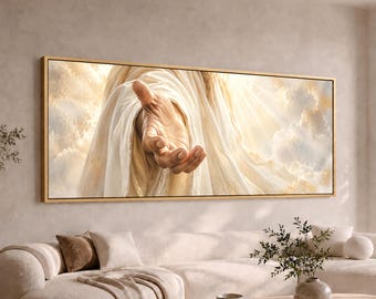 Jesus Reaching Out His Hand Canvas Wall Art | Panoramic Christian Painting | Large Wide Jesus Christ Faith Decor