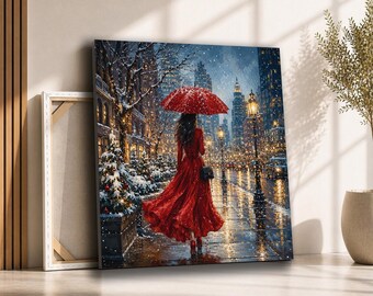 Woman in Red Dress Winter City Canvas Wall Art | Snowy New York Street Scene | Romantic Holiday Decor for Living Room
