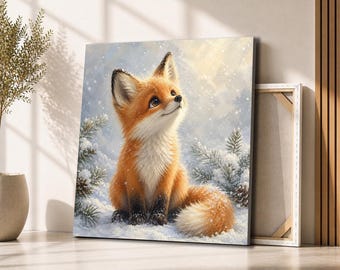 Baby Fox in Snow Canvas Wall Art | Cute Winter Woodland Animal Portrait | Nursery Forest Decor for Kids Room