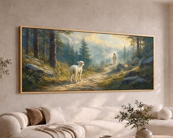 Jesus and the Lost Lamb Canvas Wall Art | Wide Panoramic Good Shepherd Painting | Large Long Christian Faith Decor