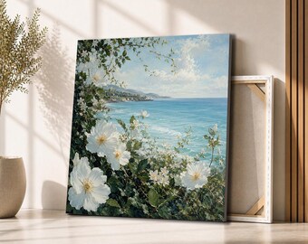 White Wildflowers Over Ocean Canvas Wall Art | Coastal Cliff Seascape Painting | Serene Floral Beach Decor