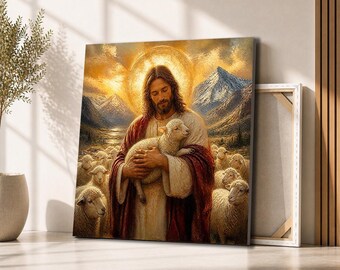 Jesus Good Shepherd Canvas Wall Art | Christ Holding Lamb in Mountain Valley | Christian Faith Decor for Prayer Room