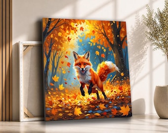 Happy Fox Playing in Autumn Leaves Canvas Wall Art | Colorful Woodland Animal Painting | Fall Forest Decor