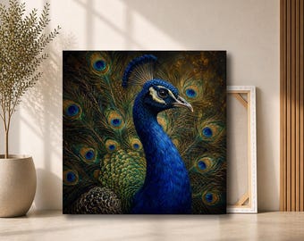 Blue Peacock Canvas Wall Art | Elegant Peacock Feather Portrait with Gold Accents | Luxury Bird Decor for Living Room