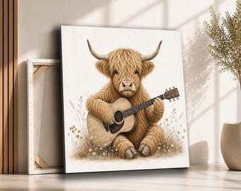 Highland Cow Playing Guitar Canvas Wall Art | Funny Farm Animal Music Decor | Rustic Country Art for Living Room