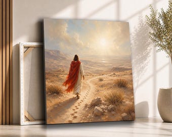 Jesus Walking Through the Desert Canvas Wall Art | Christ in Wilderness Sunrise Painting | Christian Faith Decor
