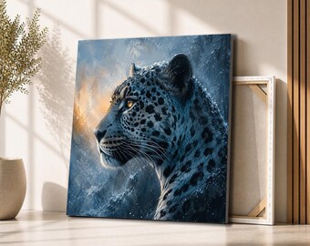 Snow Leopard Canvas Wall Art | Icy Mountain Big Cat Portrait | Wildlife Decor for Lodge Cabin Living Room
