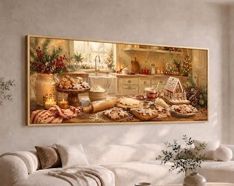 Christmas Gingerbread Kitchen Panoramic Canvas Wall Art | Wide Holiday Baking Painting | Large Long Farmhouse Decor