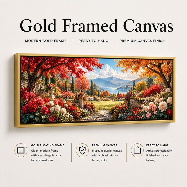 Colorful Garden by Mountain Lake Panoramic Canvas Wall Art | Wide Large ...