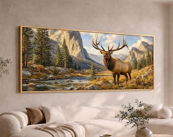 Majestic Elk Panoramic Canvas Wall Art | Bull Elk in Mountain River Valley | Large Wide Rustic Wildlife Decor