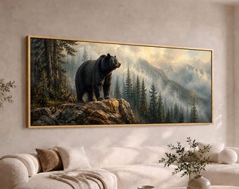 Black Bear in Misty Mountains Panoramic Canvas Wall Art | Wide Large Long Wildlife Painting | Lodge Cabin Decor