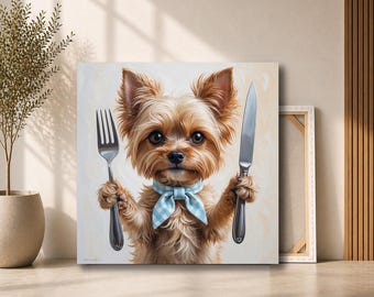 Yorkie Dog Holding Fork and Knife Canvas Wall Art | Funny Puppy Chef Painting | Cute Kitchen Pet Decor