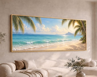 Tropical Beach Panoramic Canvas Wall Art | Turquoise Ocean & Palm Trees | Large Wide Coastal Paradise Decor