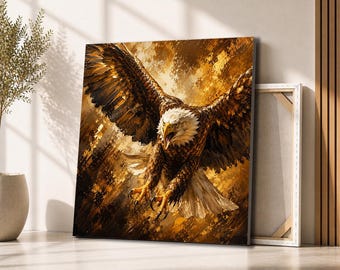 Bald Eagle Attack Canvas Wall Art | Golden Winged Eagle in Flight | Patriotic Wildlife Decor for Living Room