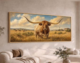 Texas Longhorn Panoramic Canvas Wall Art | Wide Western Ranch Landscape | Large Long Rustic Farmhouse Decor