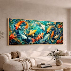 Colorful Koi Fish Panoramic Canvas Wall Art | Wide Lotus Pond Painting | Large Long Japanese Water Garden Decor