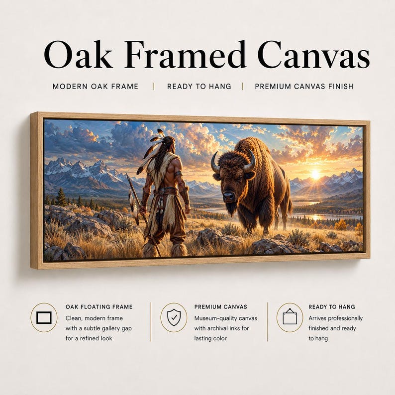 Native Warrior & Bison Panoramic Canvas Wall Art | Western Mountain ...