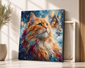 Orange Cat Winter Cabin Canvas Wall Art | Colorful Snowy Cat Portrait | Cozy Pet Lover Decor for Farmhouse Living Room