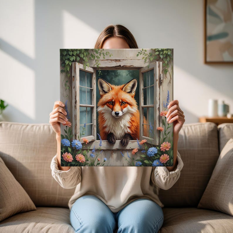 Fox Peeking Through Cottage Window Canvas Wall Art | Rustic Garden ...