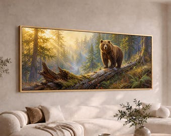 Grizzly Bear Panoramic Canvas Wall Art | Large Wide Long Forest Wildlife Painting | Rustic Lodge Cabin Decor
